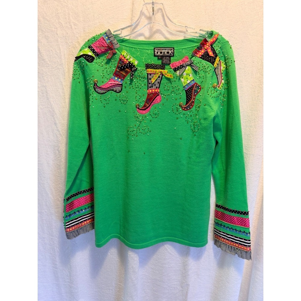 Berek Womens Green Elf Boot Ugly Christmas Sweater Beaded Sequin Small RN106306